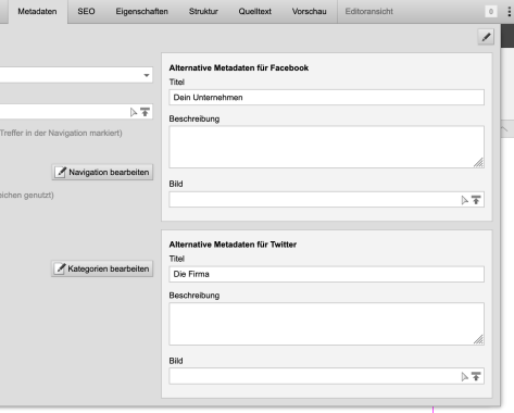 Optionale Pflege von Metadaten (Facebook/Twitter)