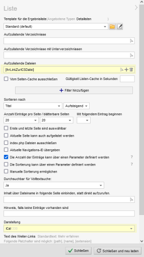 Konfiguration Liste bzgl. einbinden ics-Datei