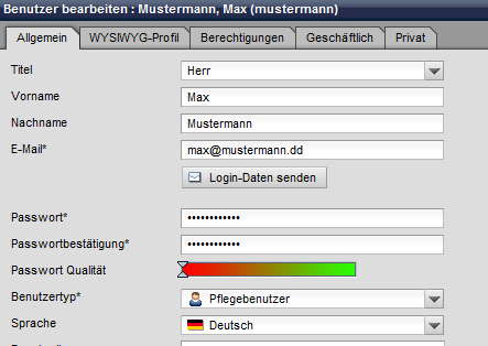 Pflegebenutzer bearbeiten - Login-Daten senden Button