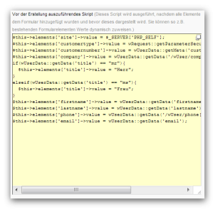 Formulareditor - Erweitere Formulareinstellungen (Vor der Erstellung auszuführendes Skript)