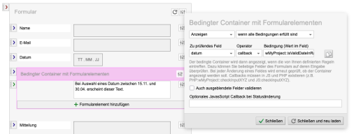 Formular mit Datum und bedingtem Formular-Conteiner