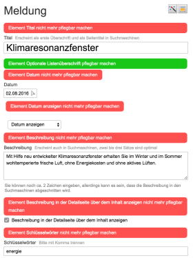 News-Objekt mit Anzeige der pflegbaren Elemente