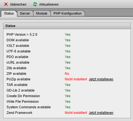 Serverinformationen - Status (fehlende ZIP Module)