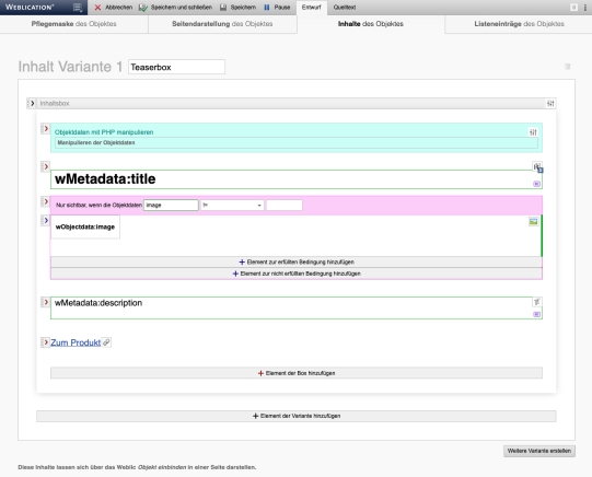 Objekt-Wizard: Inhalte des Objektes